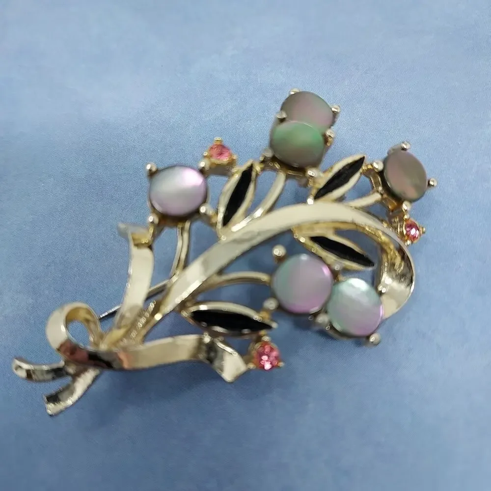 Vintage Moonglow and Pink Rhinetone Brooch Gold Tone Floral Bouquet 2.5